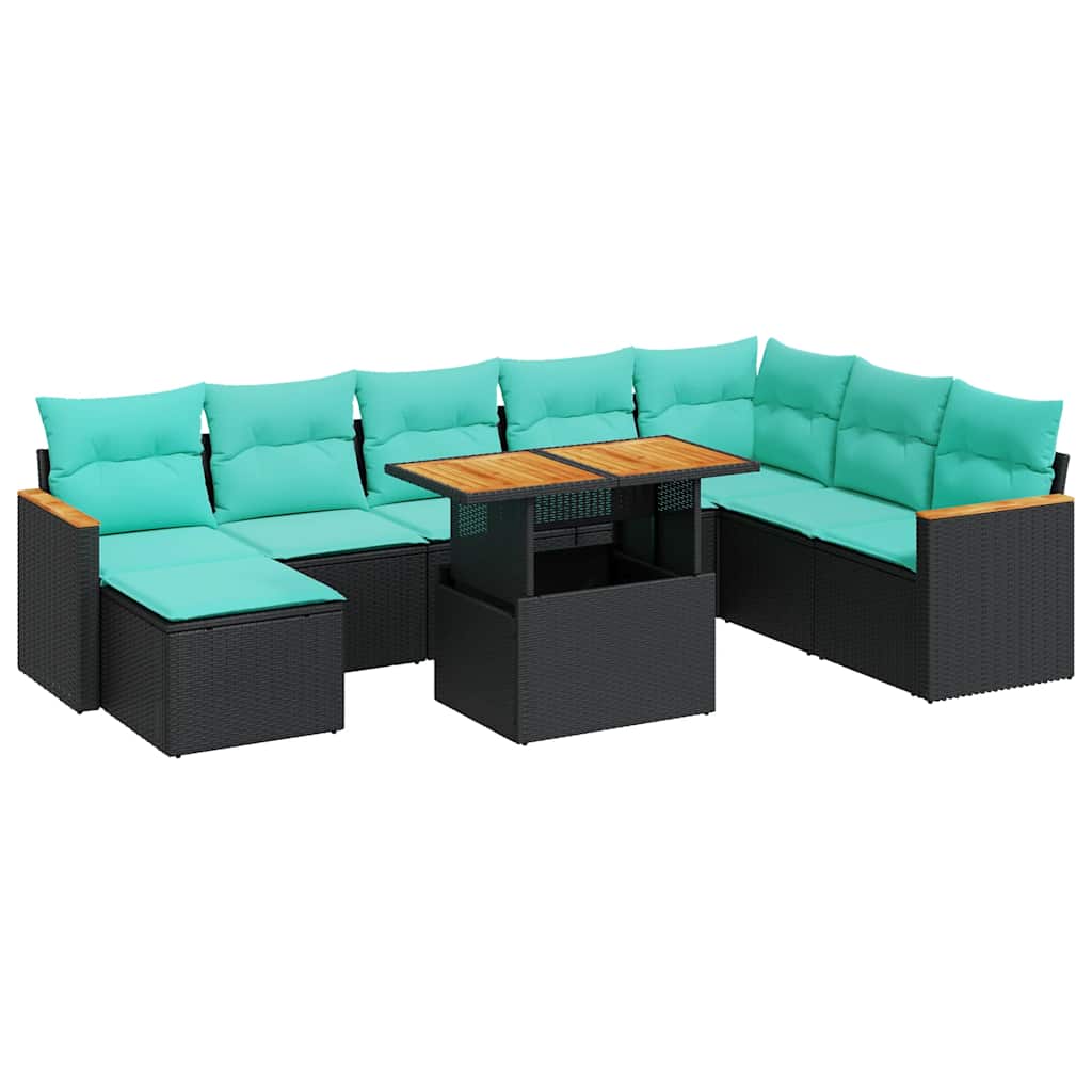 9 Piece Patio Sofa Set with Cushions Black Poly Rattan