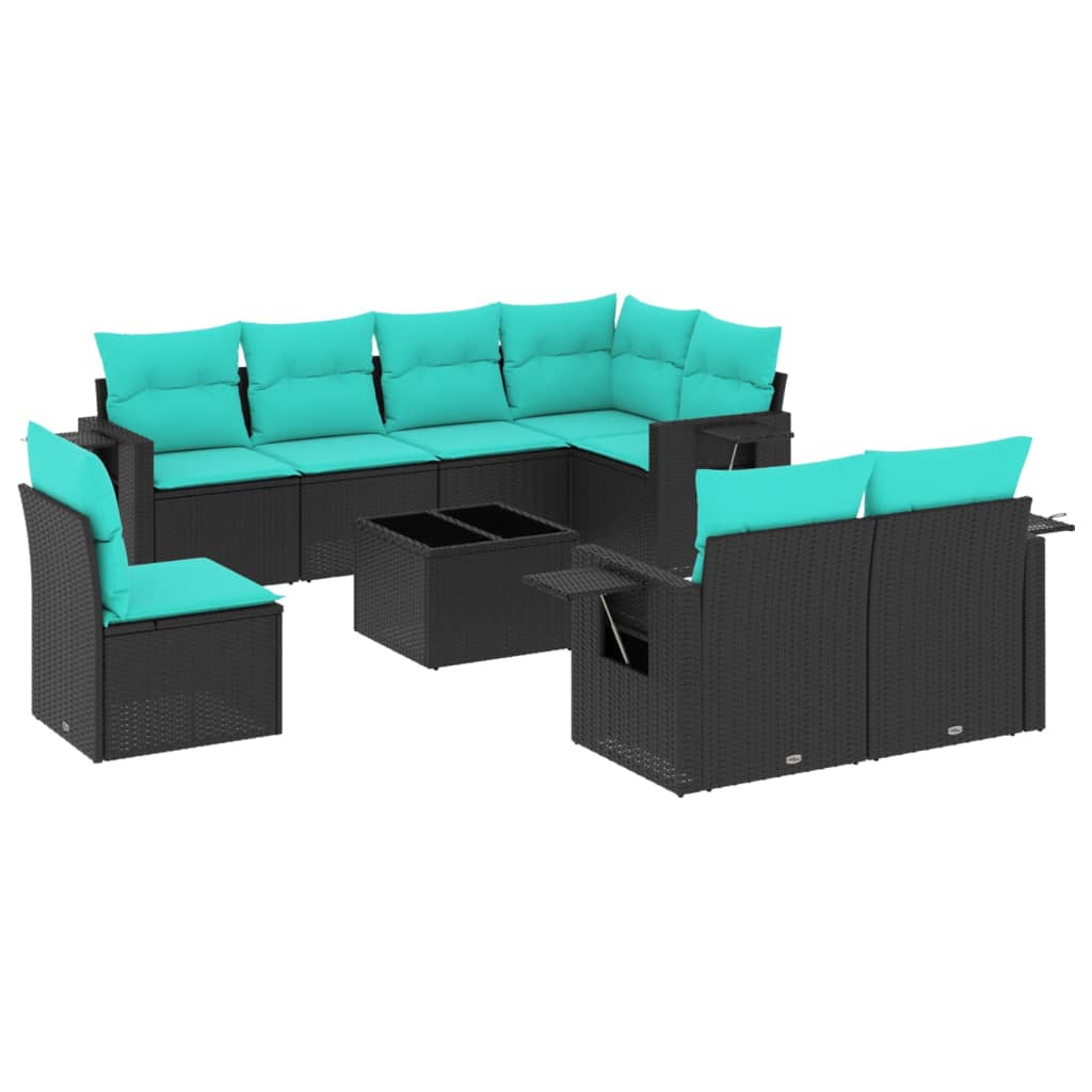 9 Piece Patio Sofa Set with Cushions Black Poly Rattan