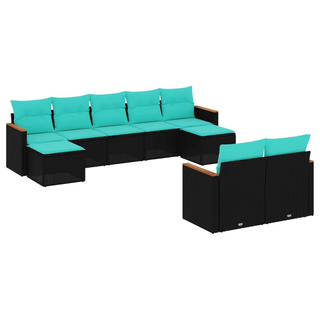 9 Piece Patio Sofa Set with Cushions Black Poly Rattan