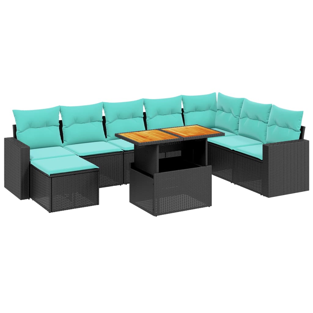9 Piece Patio Sofa Set with Cushions Black Poly Rattan