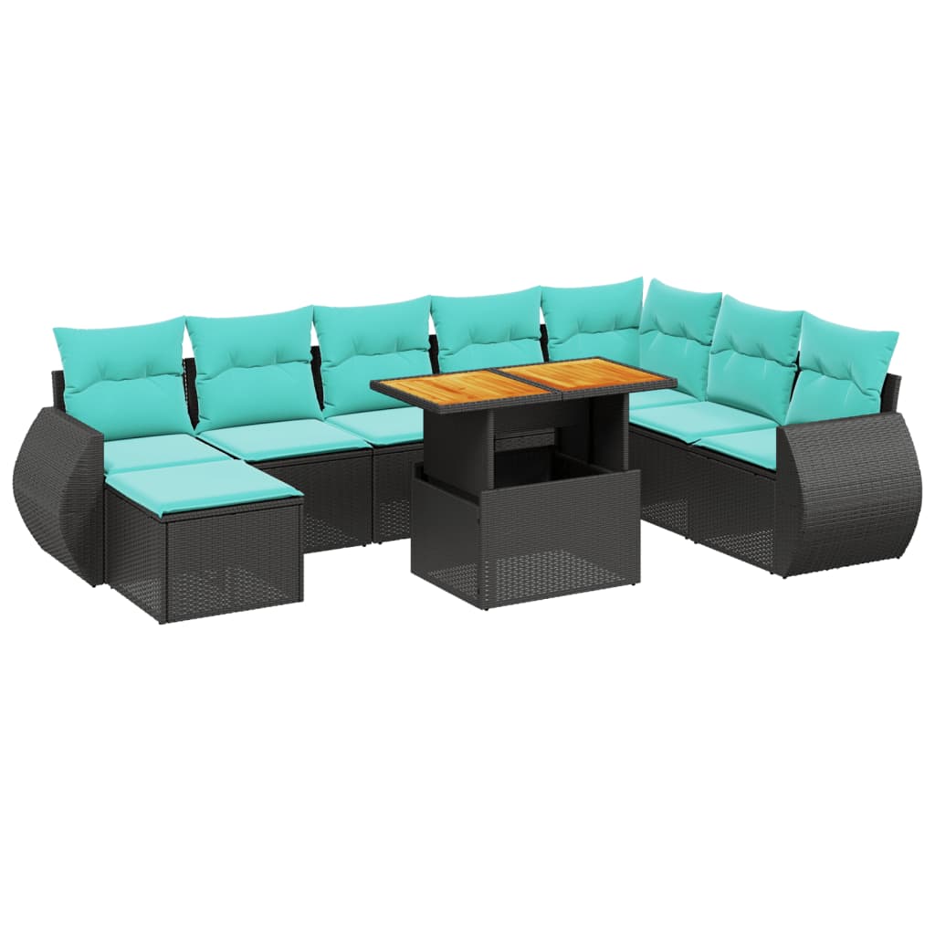 9 Piece Patio Sofa Set with Cushions Black Poly Rattan