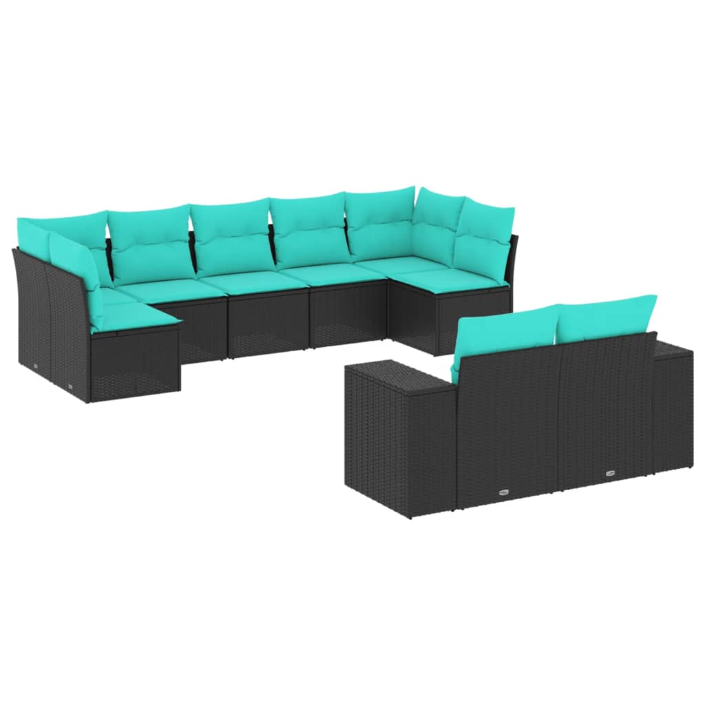 9 Piece Patio Sofa Set with Cushions Black Poly Rattan