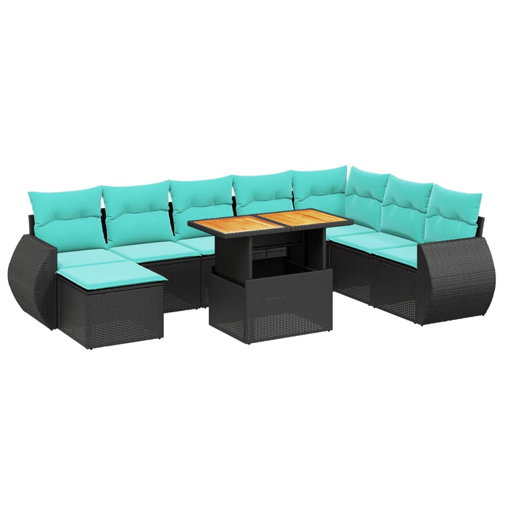 9 Piece Patio Sofa Set with Cushions Black Poly Rattan