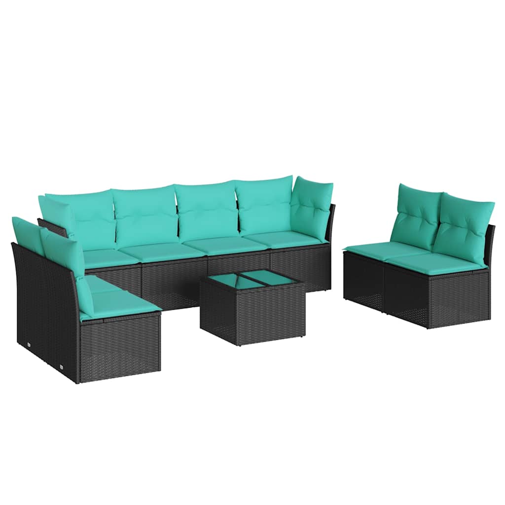 9 Piece Patio Sofa Set with Cushions Black Poly Rattan