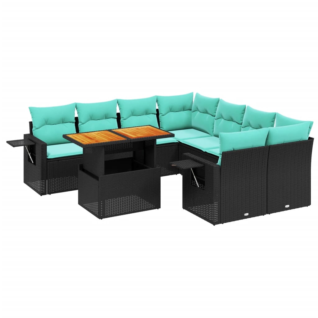 9 Piece Patio Sofa Set with Cushions Black Poly Rattan
