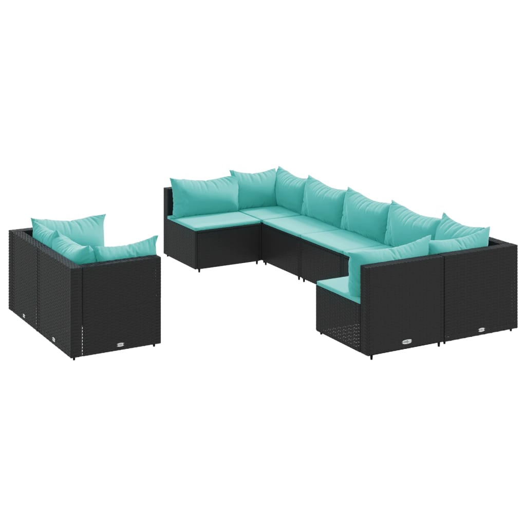 9 Piece Patio Sofa Set with Cushions Black Poly Rattan