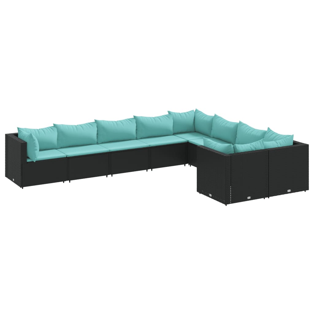 9 Piece Patio Sofa Set with Cushions Black Poly Rattan