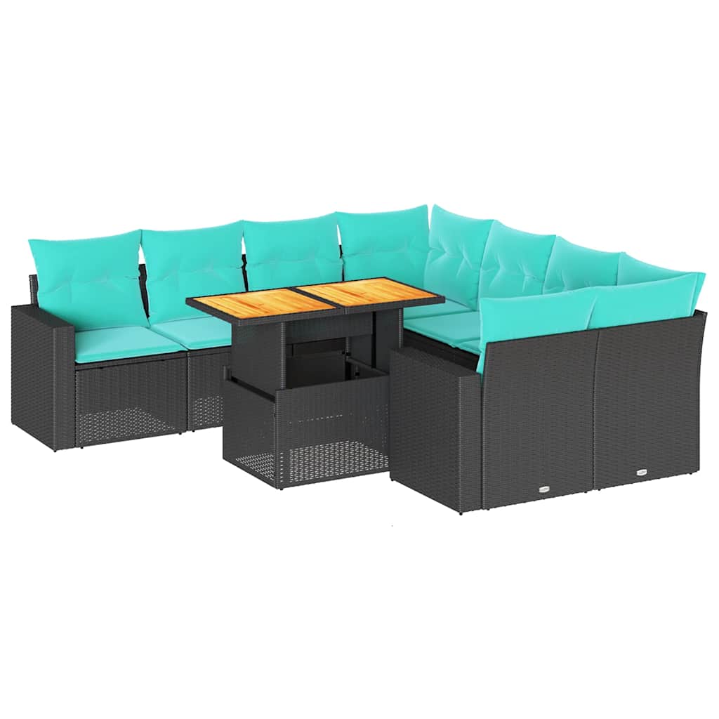 9 Piece Patio Sofa Set with Cushions Black Poly Rattan