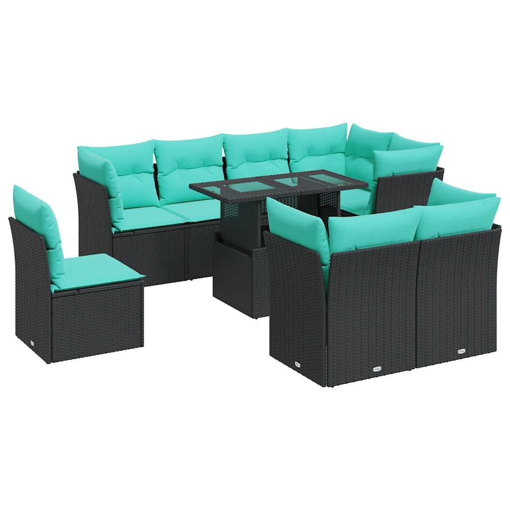 9 Piece Patio Sofa Set with Cushions Black Poly Rattan Acacia