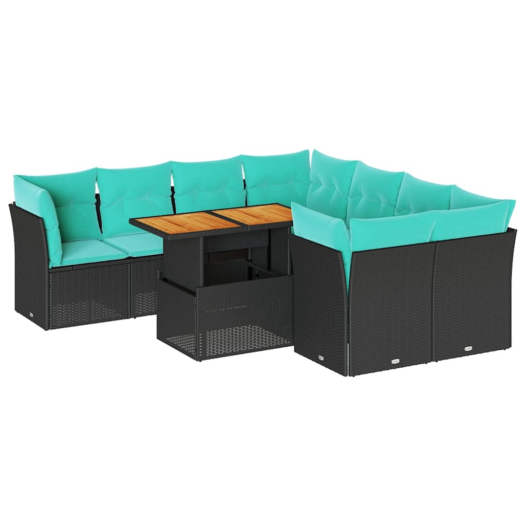 9 Piece Patio Sofa Set with Cushions Black Poly Rattan
