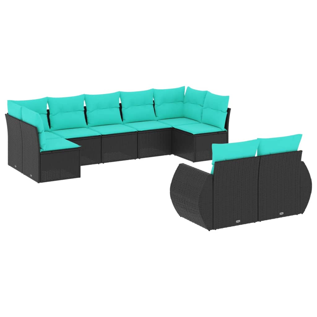 9 Piece Patio Sofa Set with Cushions Black Poly Rattan