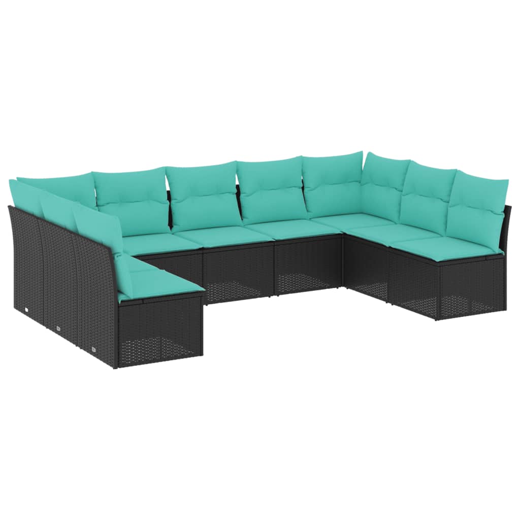 9 Piece Patio Sofa Set with Cushions Black Poly Rattan