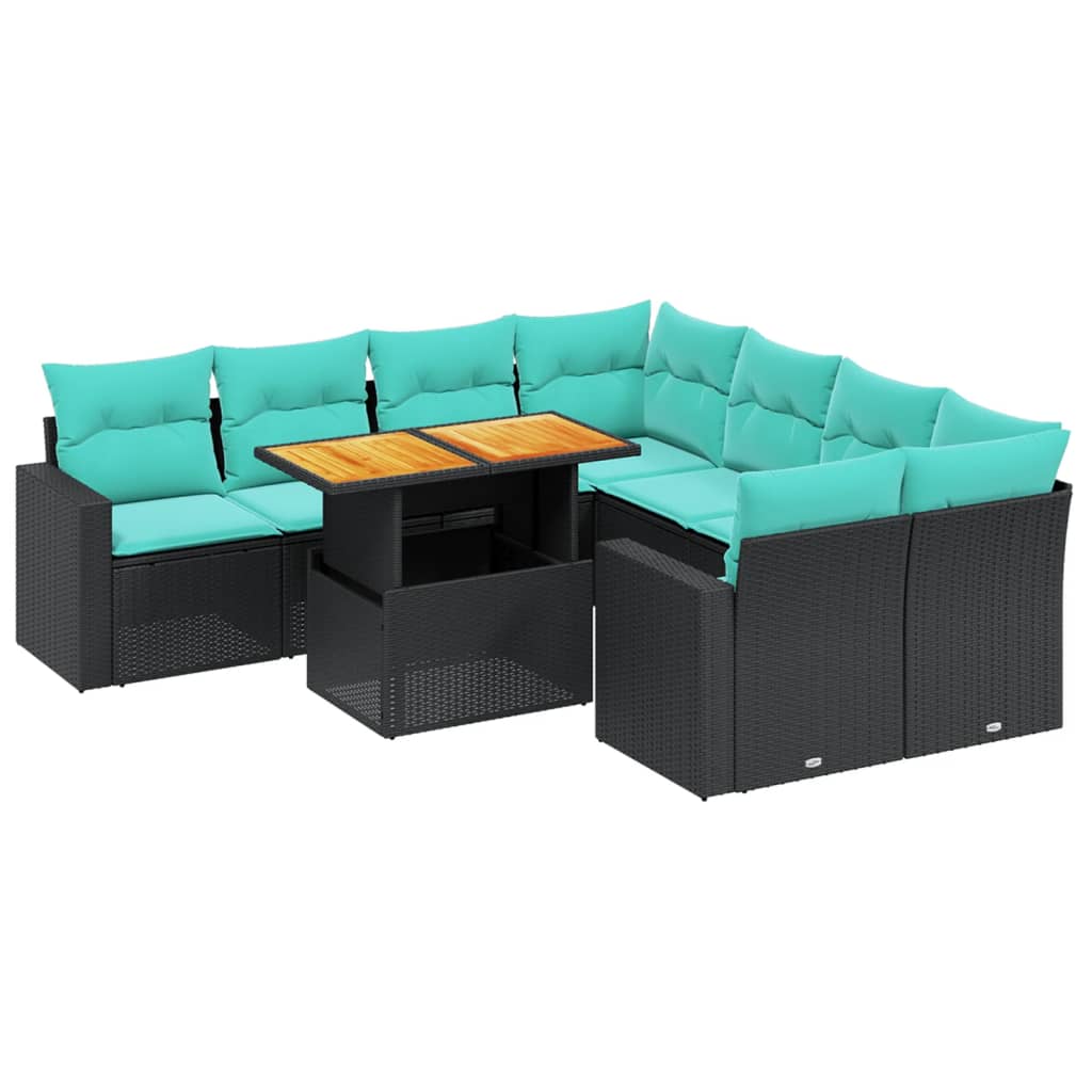9 Piece Patio Sofa Set with Cushions Black Poly Rattan