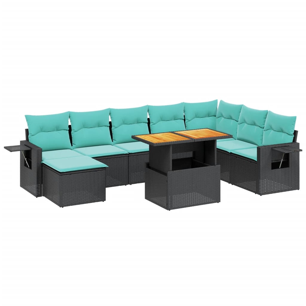 9 Piece Patio Sofa Set with Cushions Black Poly Rattan