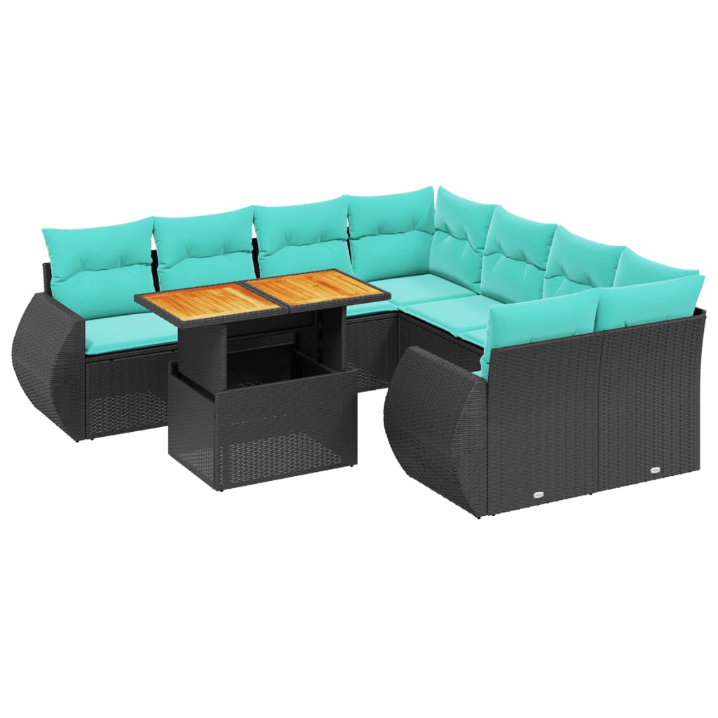 9 Piece Patio Sofa Set with Cushions Black Poly Rattan
