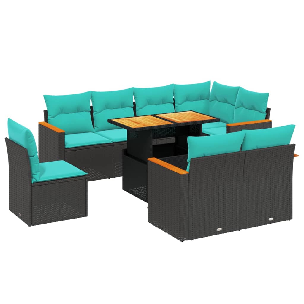 9 Piece Patio Sofa Set with Cushions Black Poly Rattan