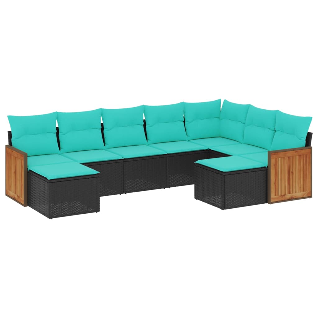 9 Piece Patio Sofa Set with Cushions Black Poly Rattan