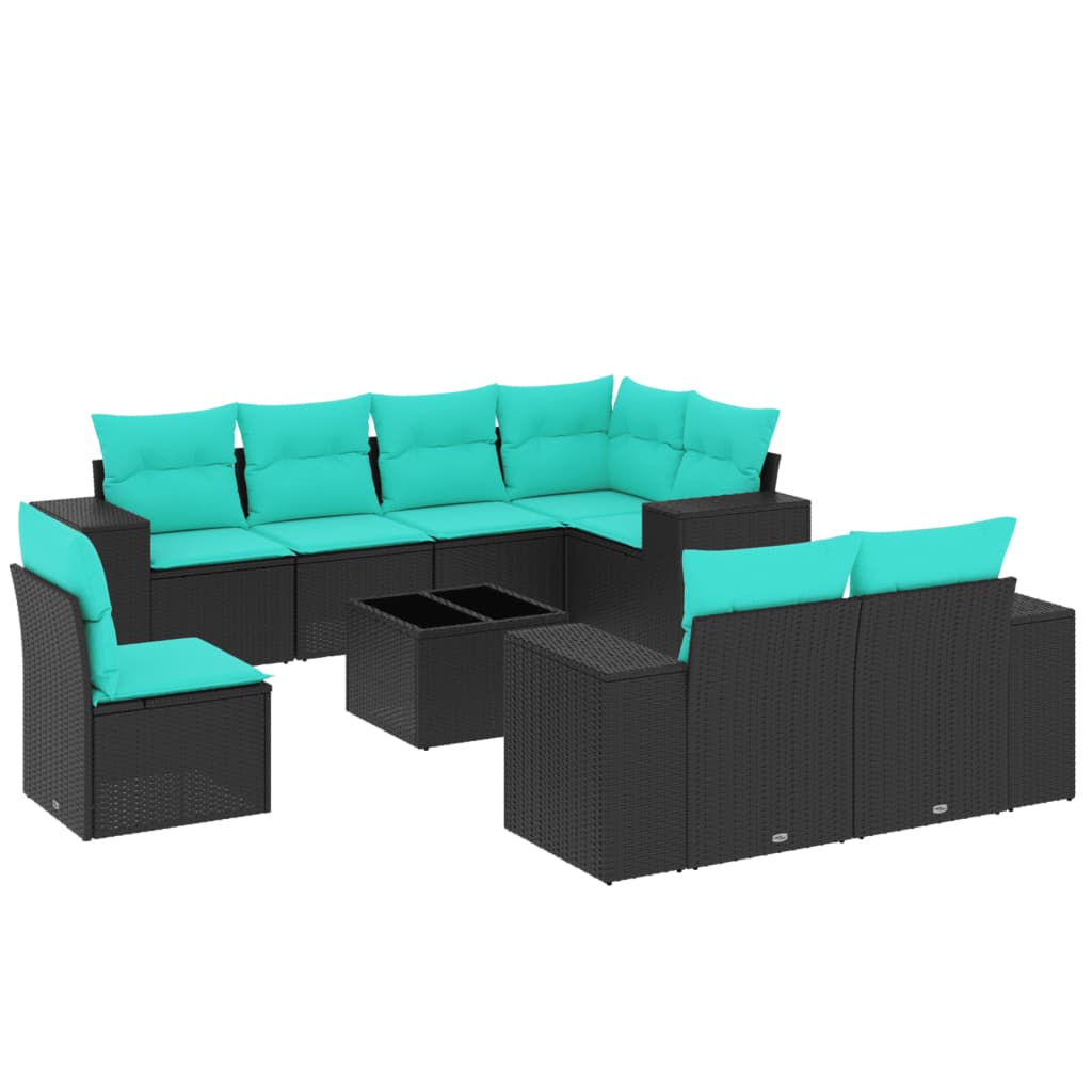 9 Piece Patio Sofa Set with Cushions Black Poly Rattan