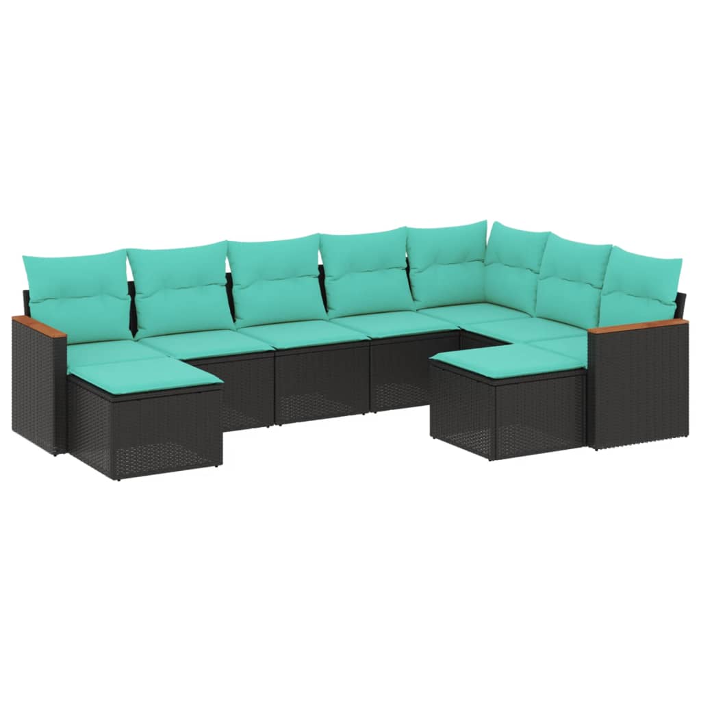 9 Piece Patio Sofa Set with Cushions Black Poly Rattan