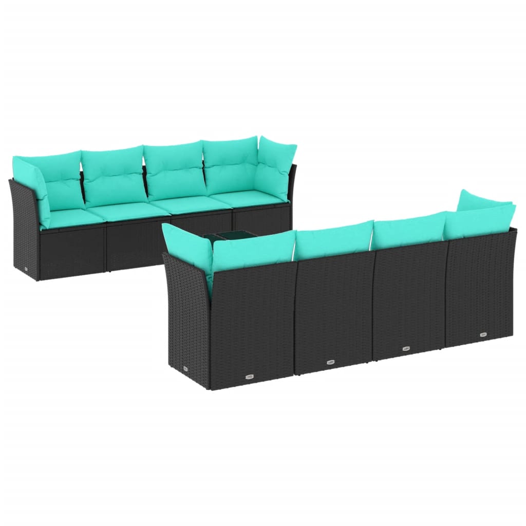 9 Piece Patio Sofa Set with Cushions Black Poly Rattan