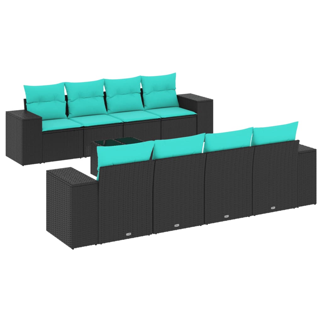 9 Piece Patio Sofa Set with Cushions Black Poly Rattan