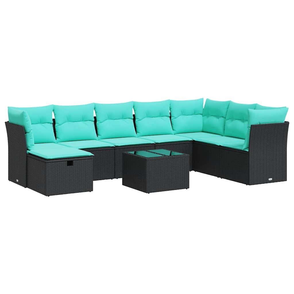 9 Piece Patio Sofa Set with Cushions Black Poly Rattan