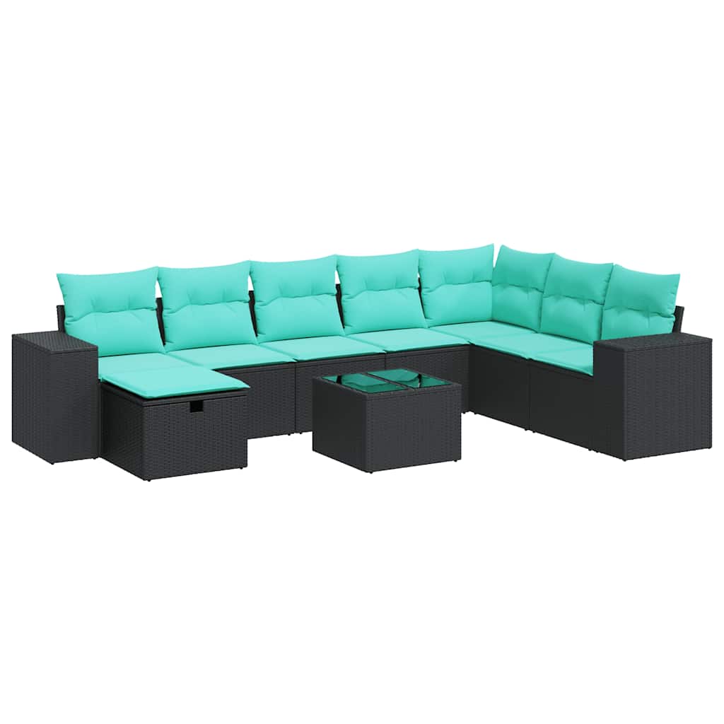 9 Piece Patio Sofa Set with Cushions Black Poly Rattan