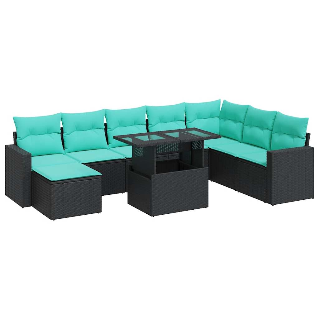 9 Piece Patio Sofa Set with Cushions Black Poly Rattan Acacia