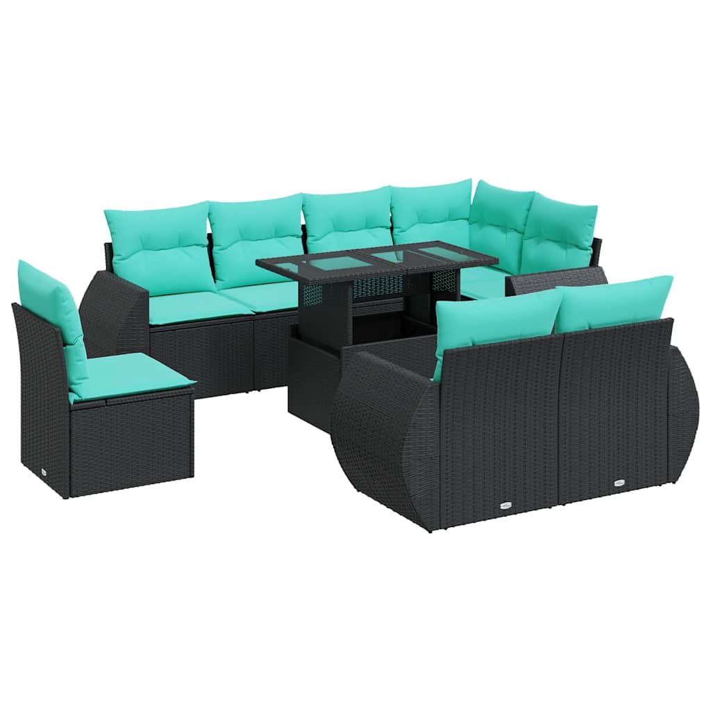 9 Piece Patio Sofa Set with Cushions Black Poly Rattan Acacia