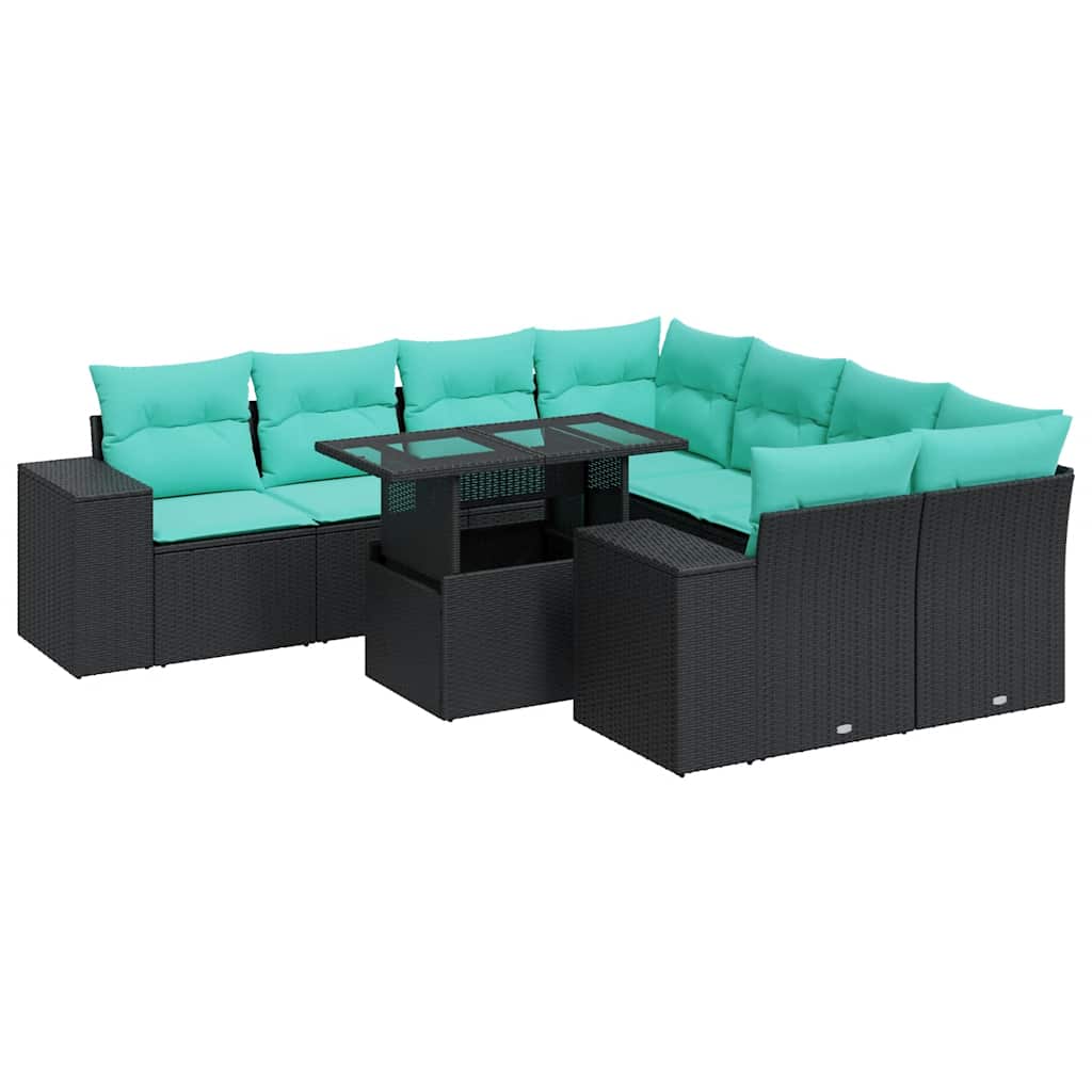 9 Piece Patio Sofa Set with Cushions Black Poly Rattan Acacia