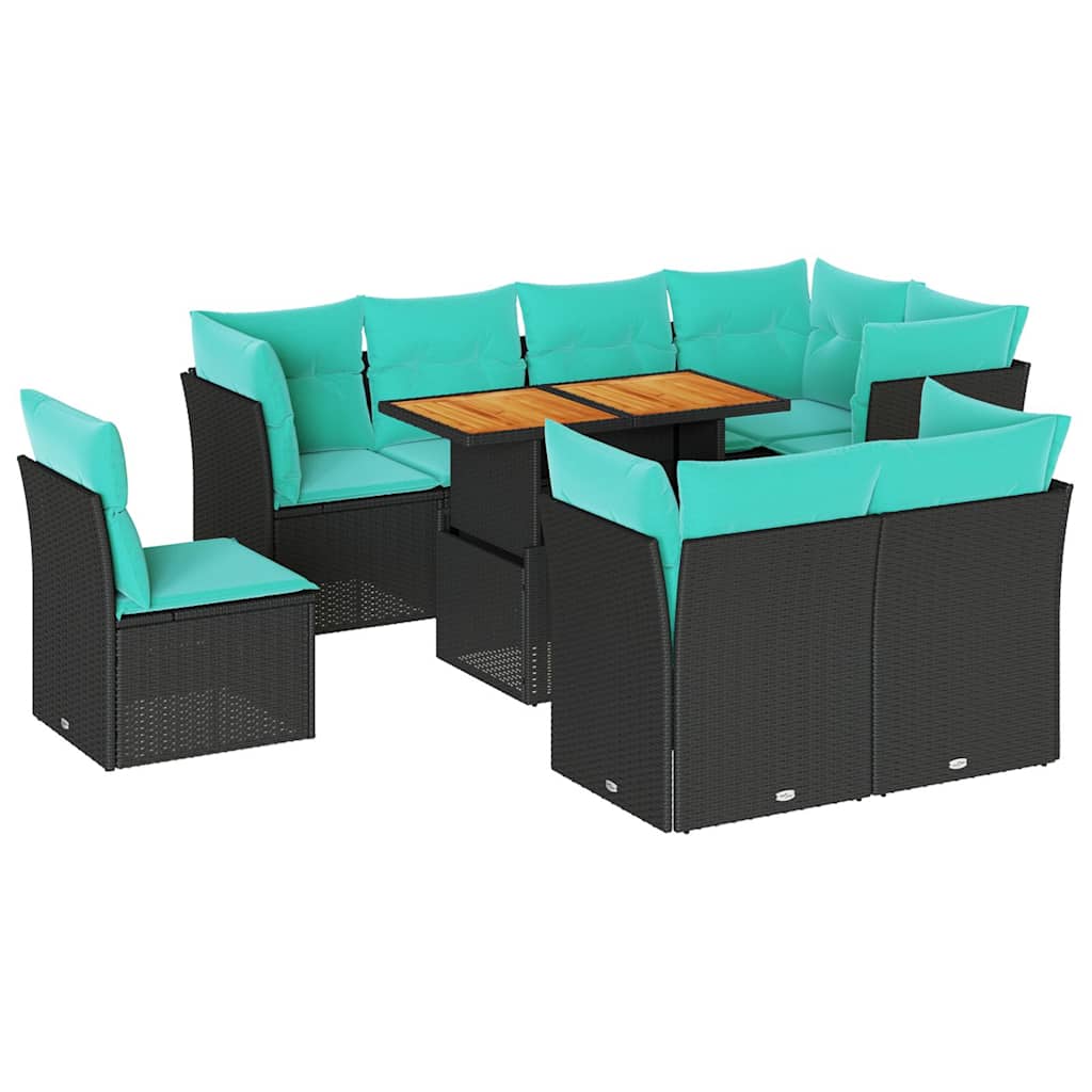 9 Piece Patio Sofa Set with Cushions Black Poly Rattan