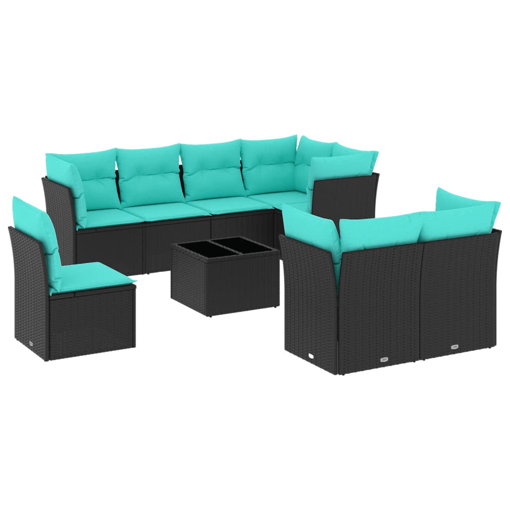 9 Piece Patio Sofa Set with Cushions Black Poly Rattan