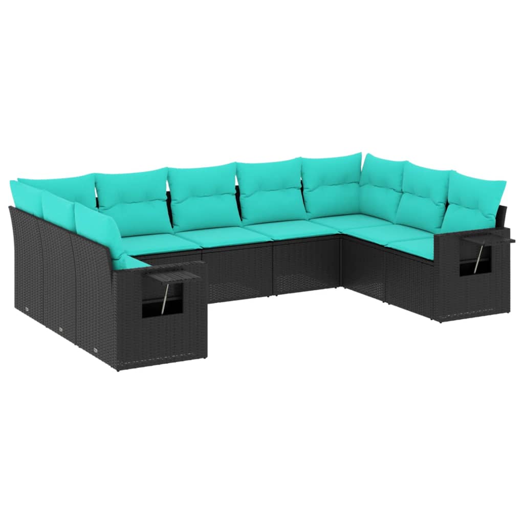 9 Piece Patio Sofa Set with Cushions Black Poly Rattan