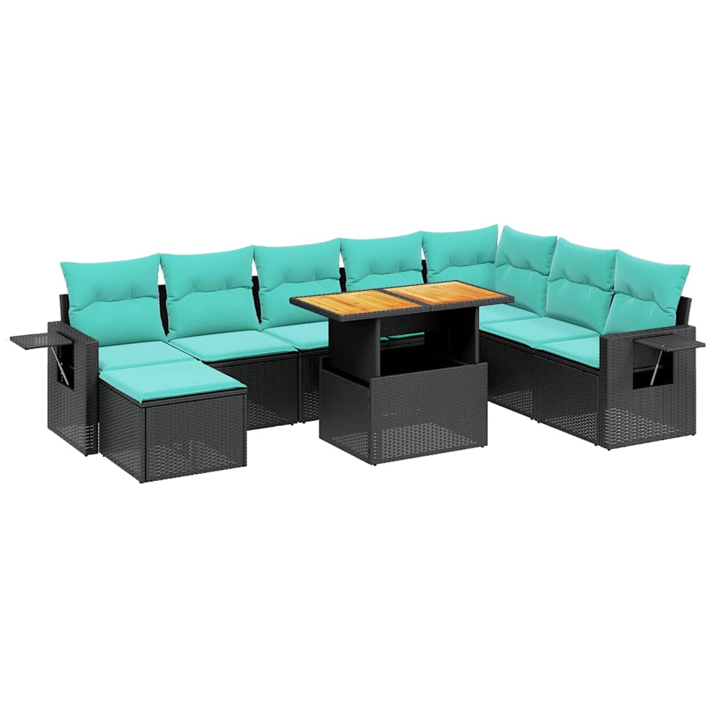 9 Piece Patio Sofa Set with Cushions Black Poly Rattan