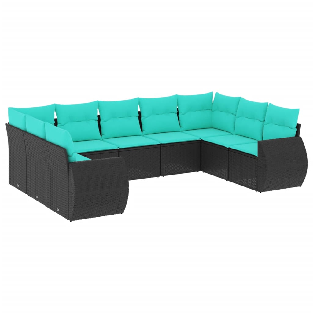 9 Piece Patio Sofa Set with Cushions Black Poly Rattan