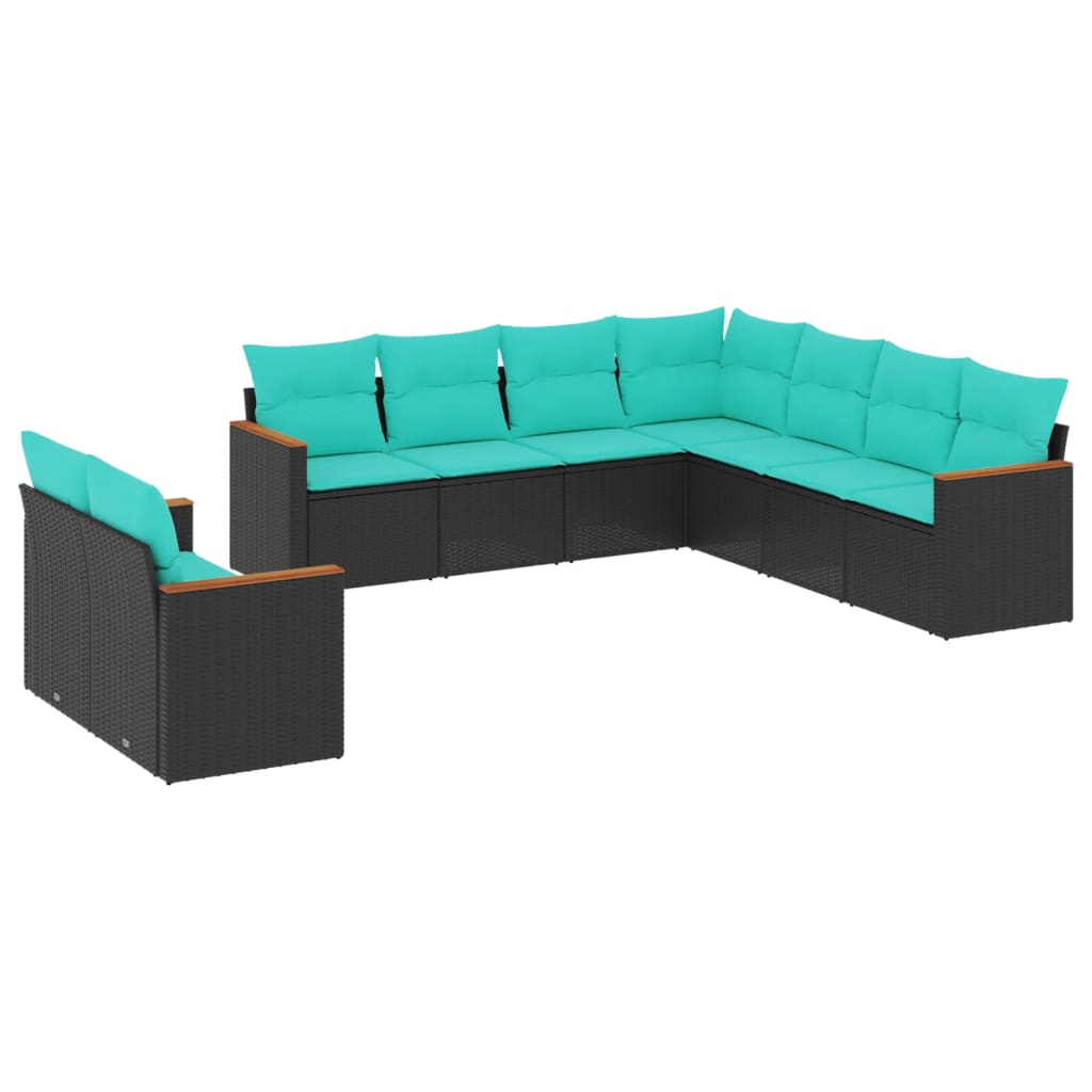 9 Piece Patio Sofa Set with Cushions Black Poly Rattan