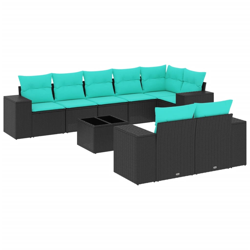 9 Piece Patio Sofa Set with Cushions Black Poly Rattan