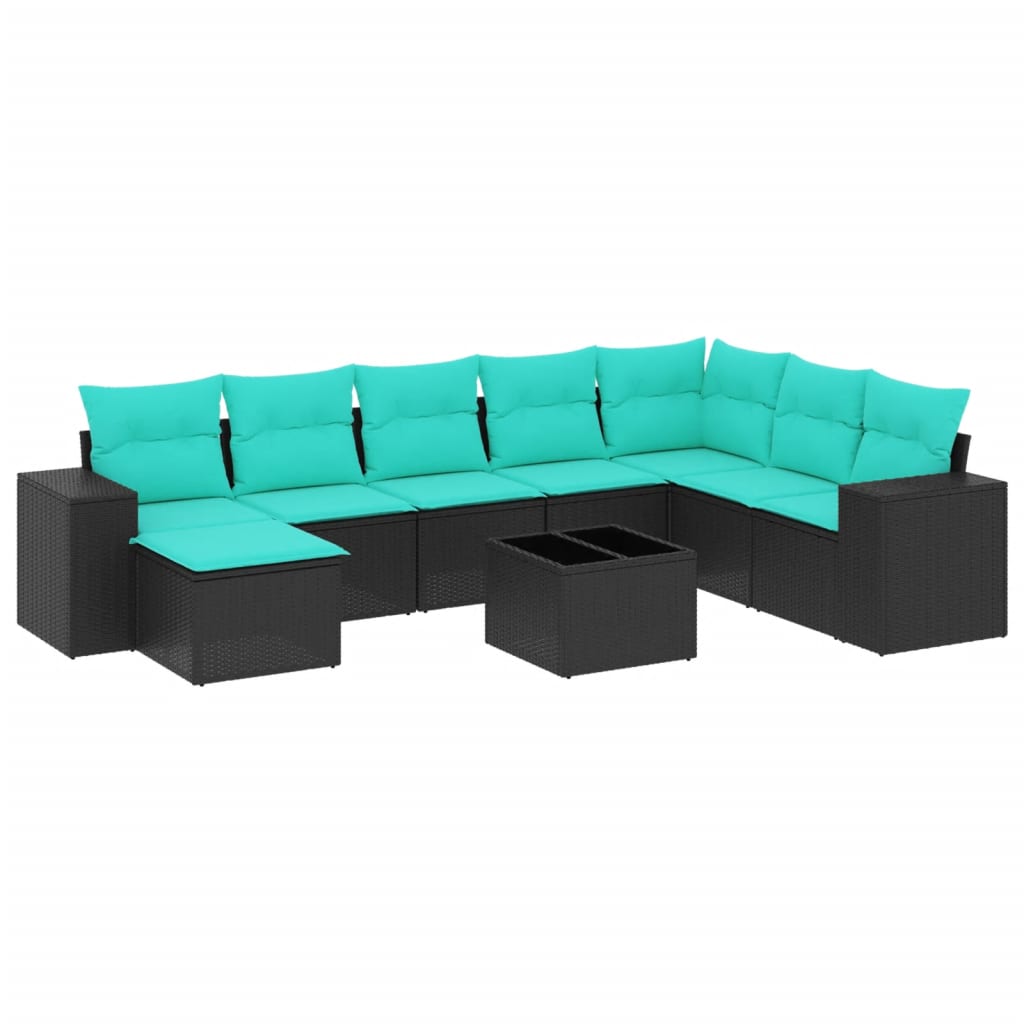9 Piece Patio Sofa Set with Cushions Black Poly Rattan