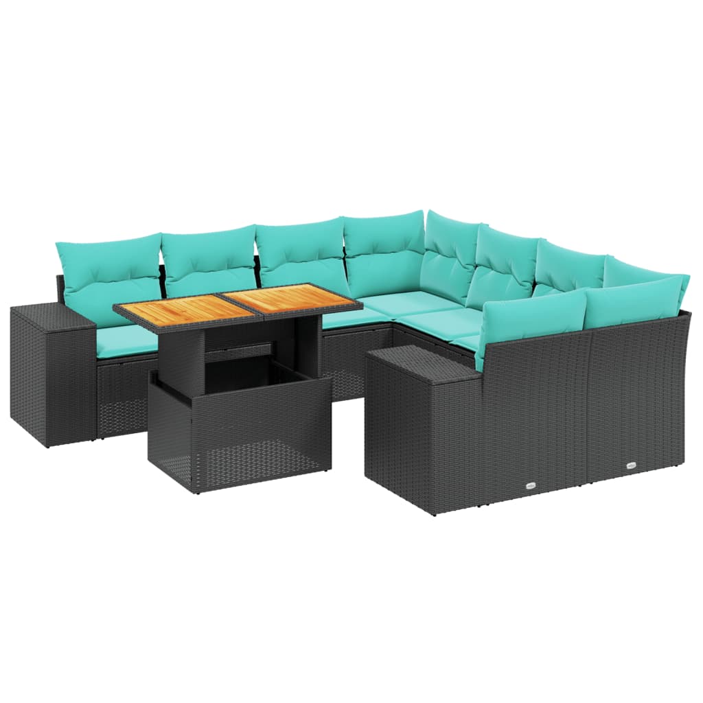 9 Piece Patio Sofa Set with Cushions Black Poly Rattan