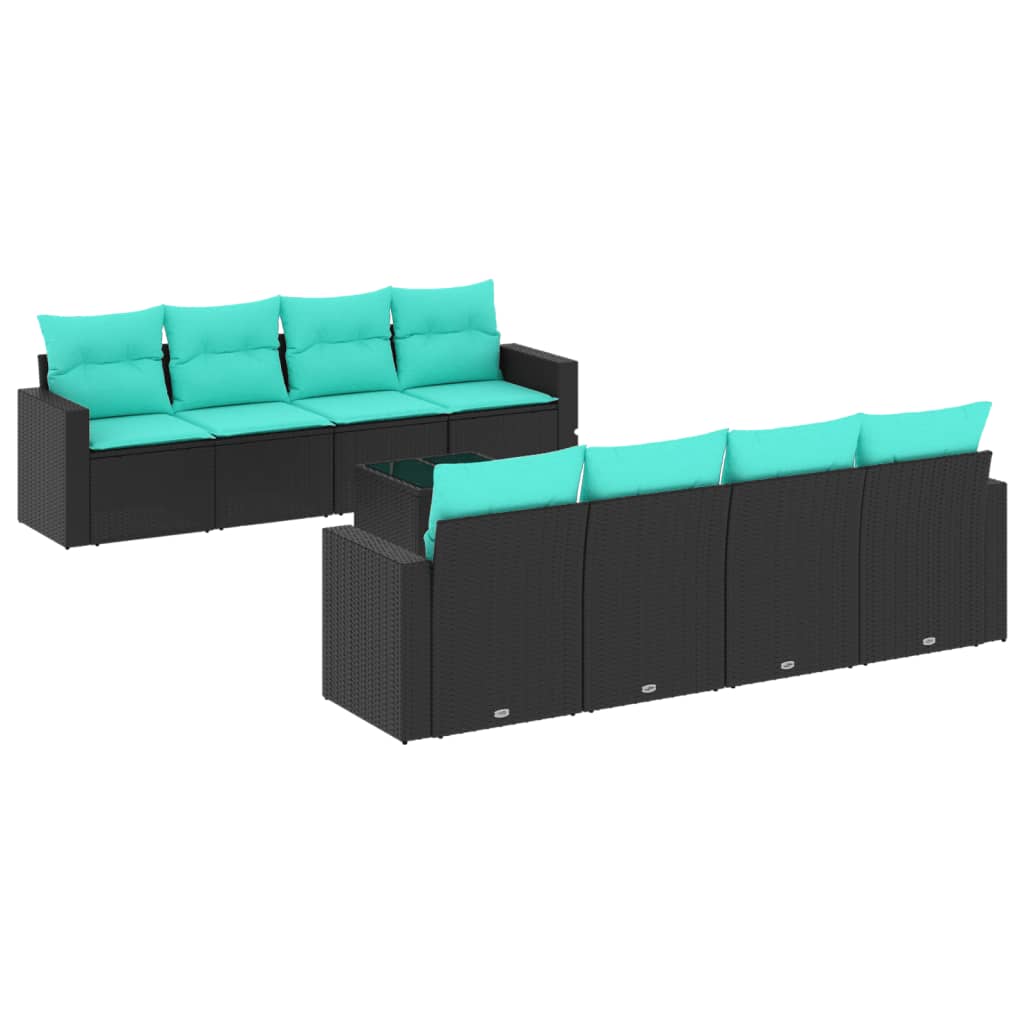 9 Piece Patio Sofa Set with Cushions Black Poly Rattan