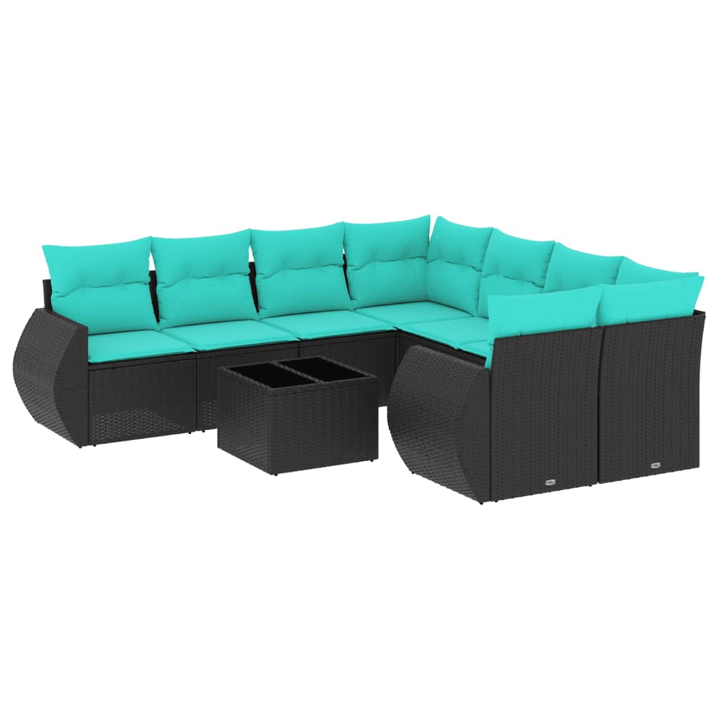9 Piece Patio Sofa Set with Cushions Black Poly Rattan