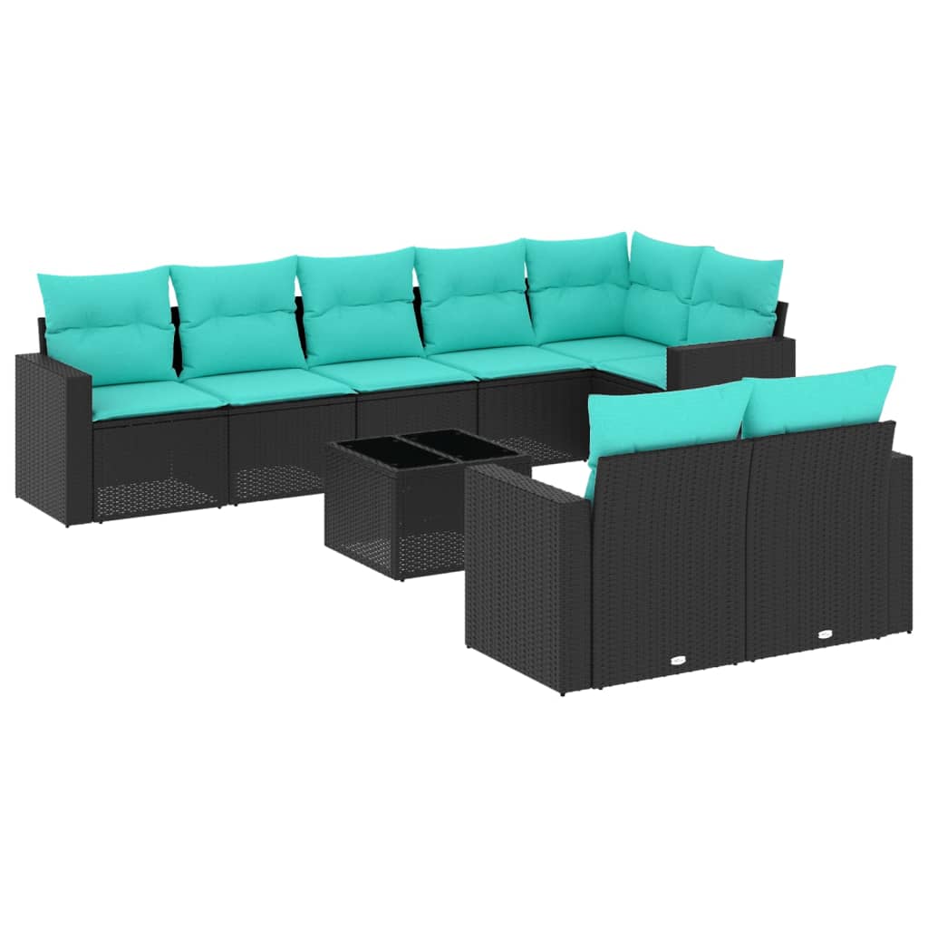 9 Piece Patio Sofa Set with Cushions Black Poly Rattan