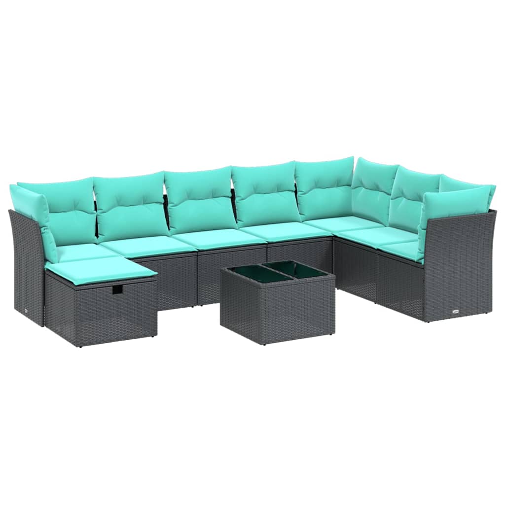 9 Piece Patio Sofa Set with Cushions Black Poly Rattan