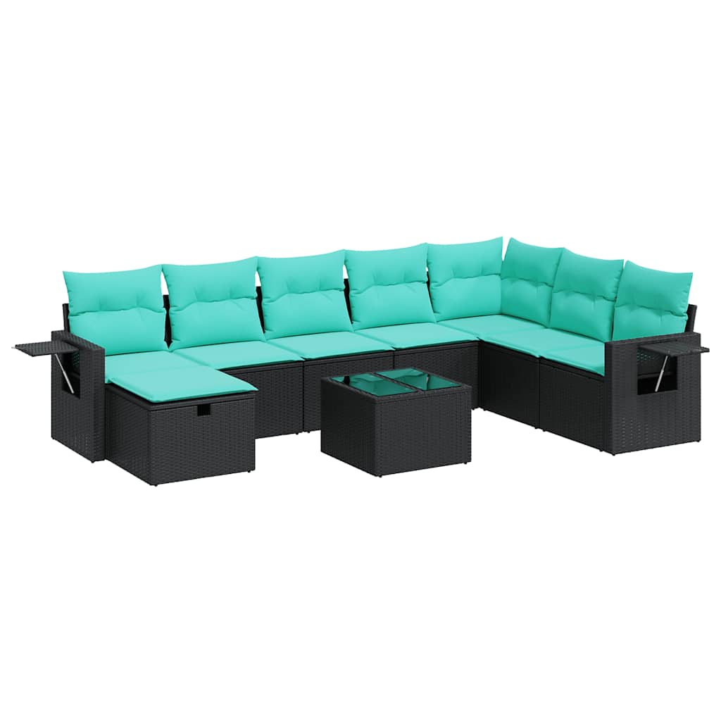 9 Piece Patio Sofa Set with Cushions Black Poly Rattan