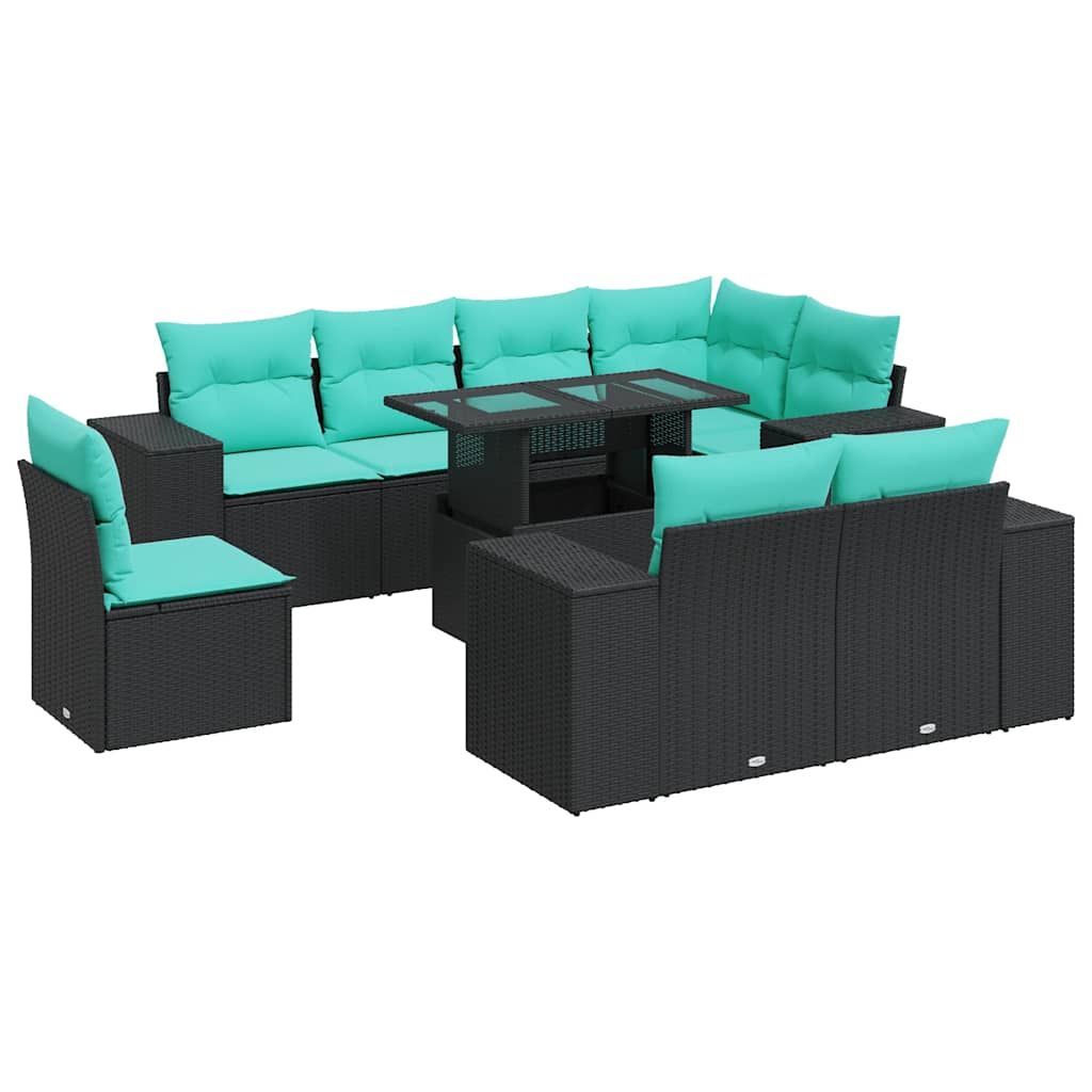 9 Piece Patio Sofa Set with Cushions Black Poly Rattan Acacia