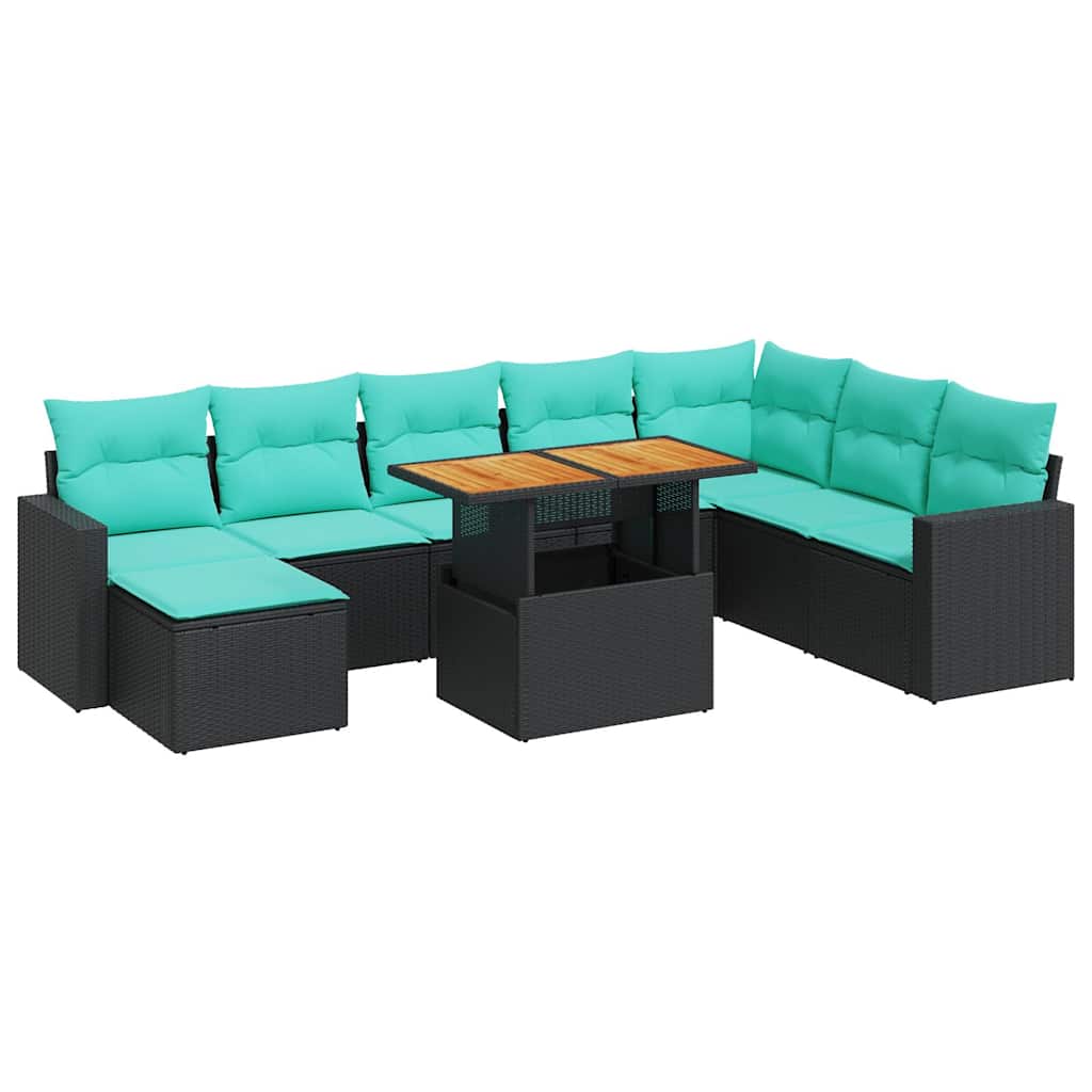 9 Piece Patio Sofa Set with Cushions Black Poly Rattan