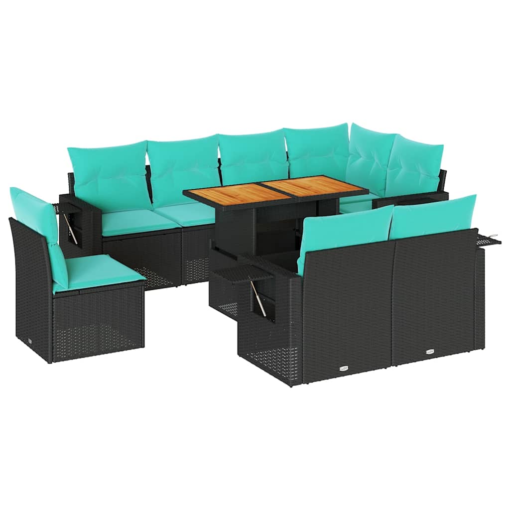 9 Piece Patio Sofa Set with Cushions Black Poly Rattan