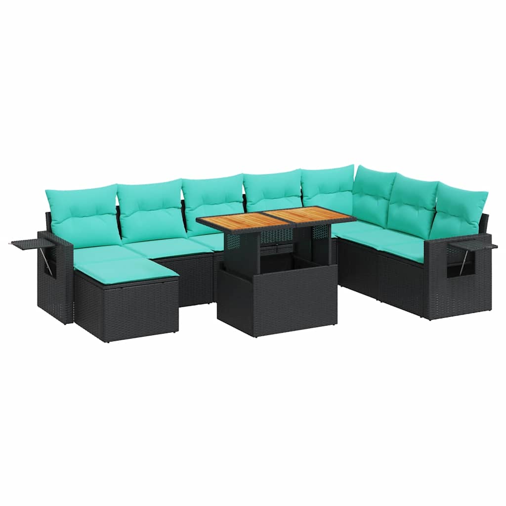 9 Piece Patio Sofa Set with Cushions Black Poly Rattan