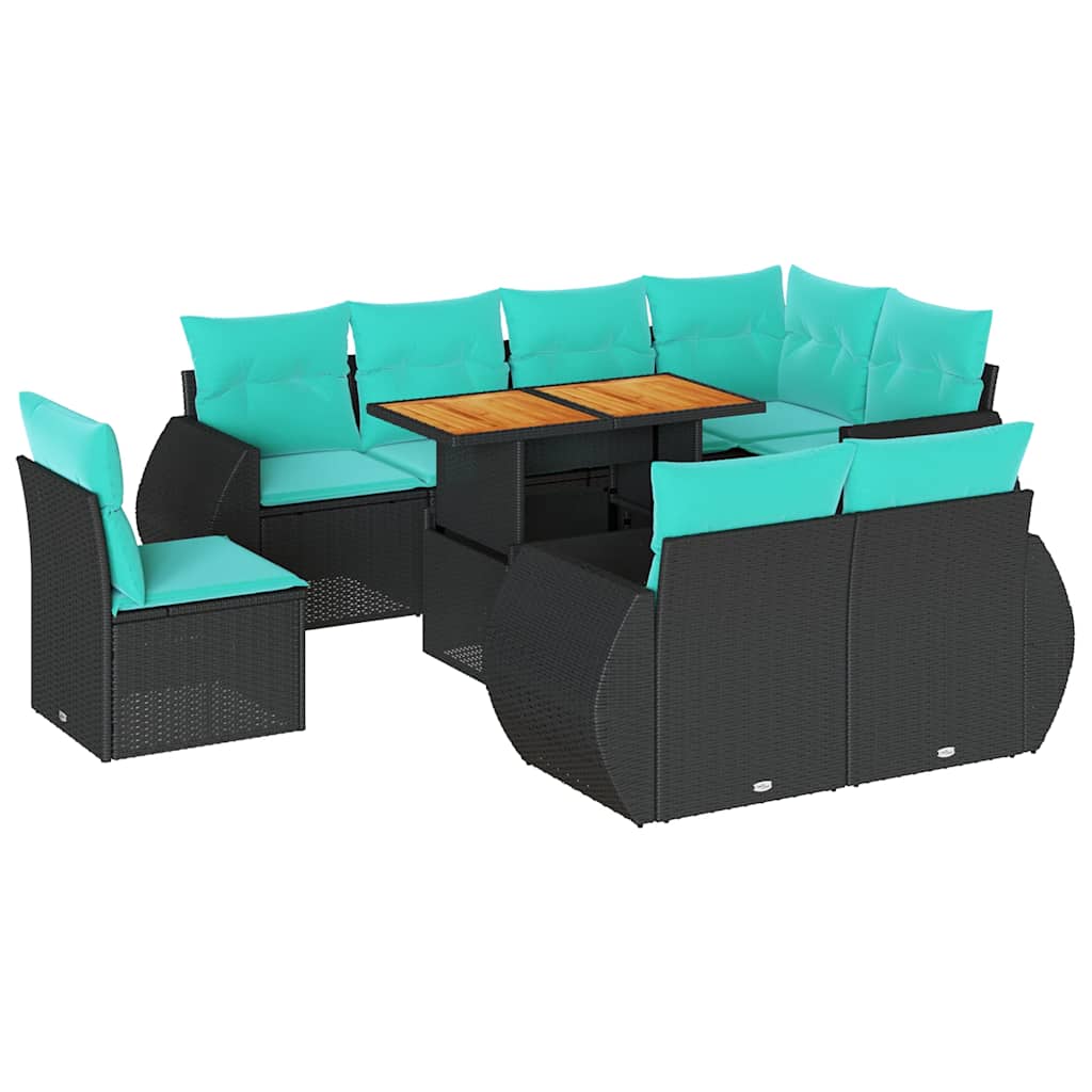 9 Piece Patio Sofa Set with Cushions Black Poly Rattan