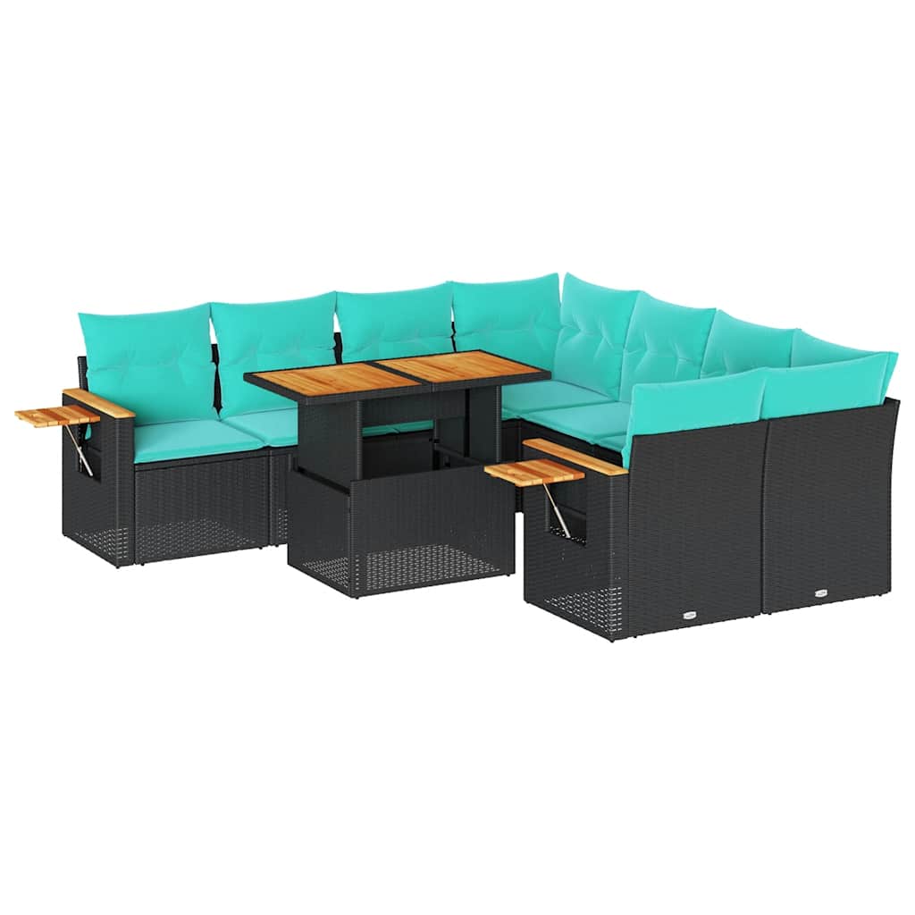 9 Piece Patio Sofa Set with Cushions Black Poly Rattan